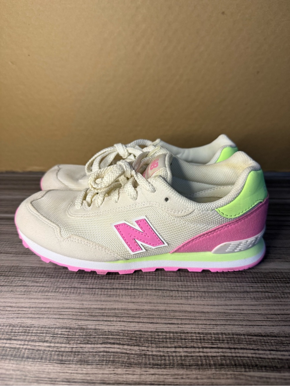 New Balance Kids Cream Sneakers with Pink & Neon Green Accents